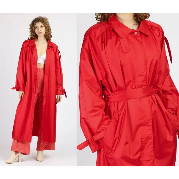 Vintage 80s Paris Sport Club Red Belted Long Nylon Trench Coat Women's 7/8 M - Picture 1 of 16